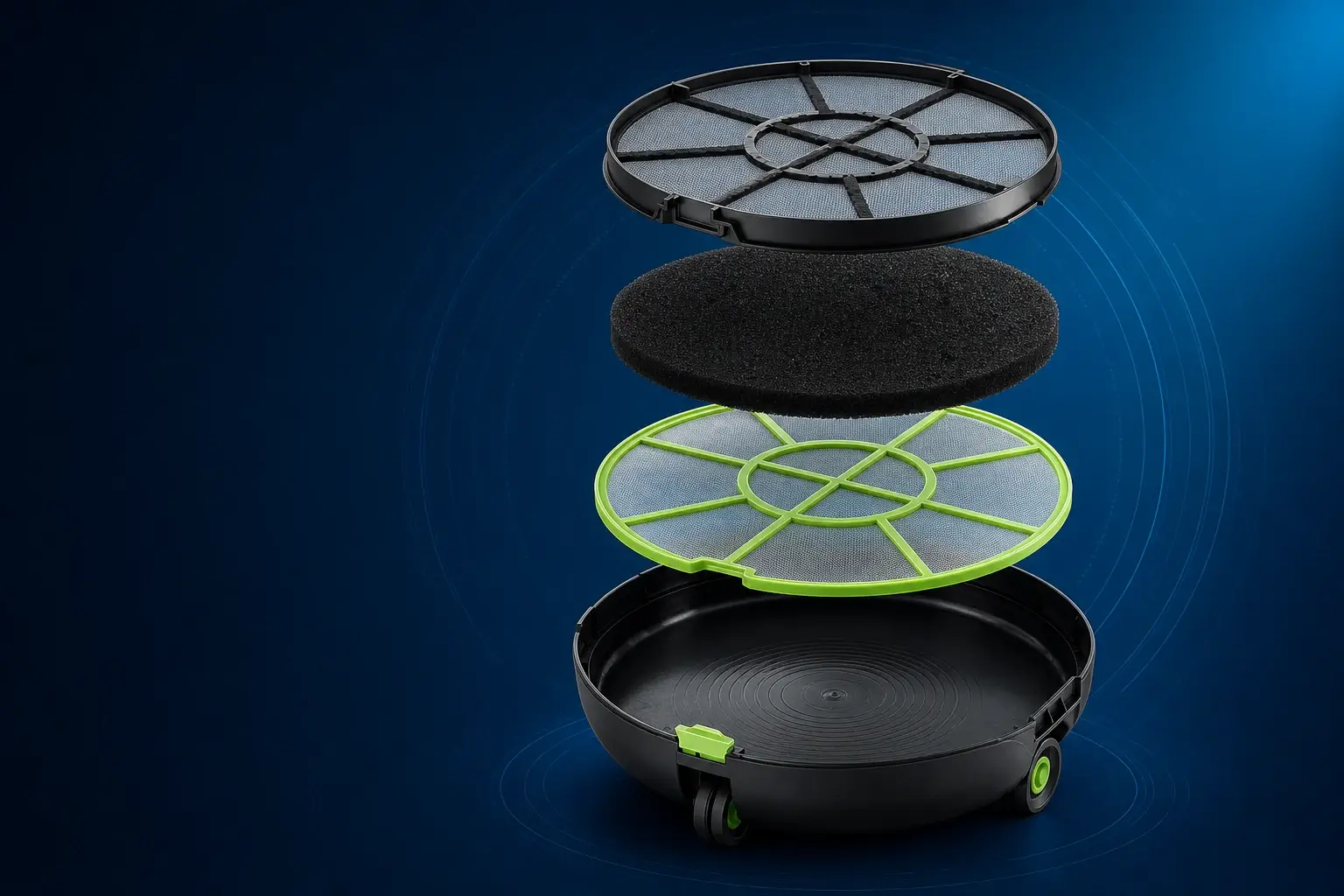 Exploded view of Pooloob PF1 three-stage filtration system